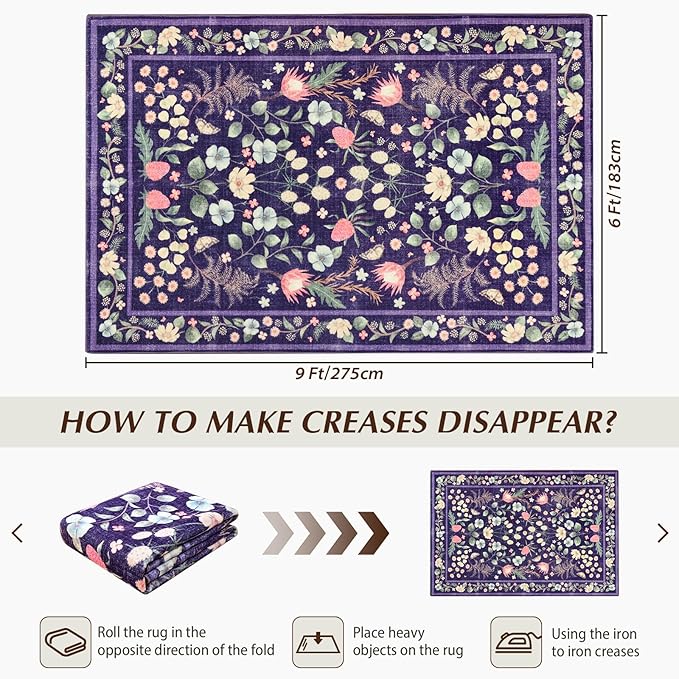 Area Rugs for Living Room, 6x9 Washable Non-Slip Rug for Bedroom, Vintage Floral Carpet for Home Office Nursery Dining Room Kitchen, Purple