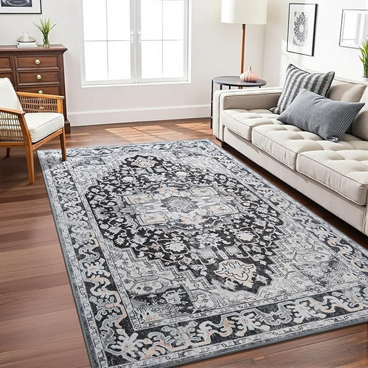 Washable Vintage Area Rugs 3x5, Low Pile Carpet, Non-Slip Distressed Rug for Bedroom, Living Room, Dining Room, Entryway, Black