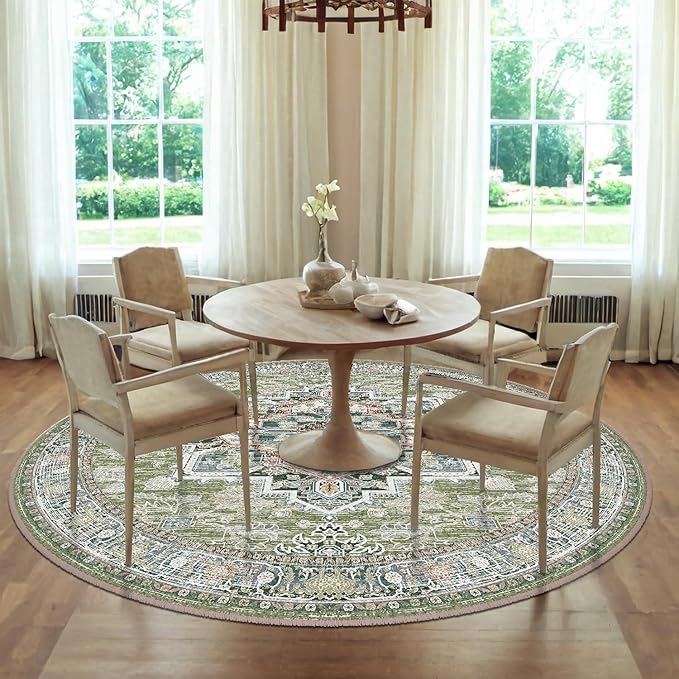 BESTSWEETIE 6ft Area Rugs for Living Room Washable Non Slip Carpet Low Pile Soft Vintage Print Pattern Rug for Bedroom Dining Room Kitchen Entryway Indoor-Green/Light tan/Blue/Grey