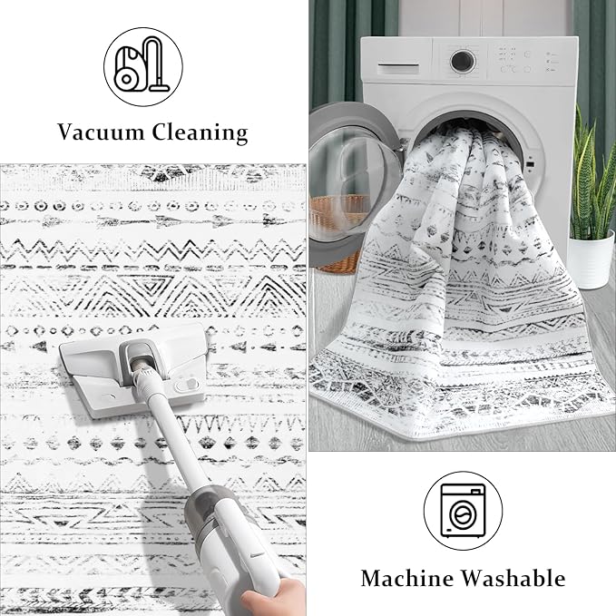 Area Rug 5x7, Vintage Moroccan Washable Rugs, Anti-Slip Backing Rugs for Living Room, Foldable Geometric Carpet for Bathroom Kitchen Laundry Room Decor