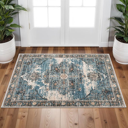 RUUGME 2x3 Area Rugs Indoor - Large Boho Rugs for Living Room Stain Resistant Carpet Vintage Tribal Rugs for Bedroom Kitchen Bathroom with Non Slip Backing Home Decor Floor Decoration Mat 2x3 Blue