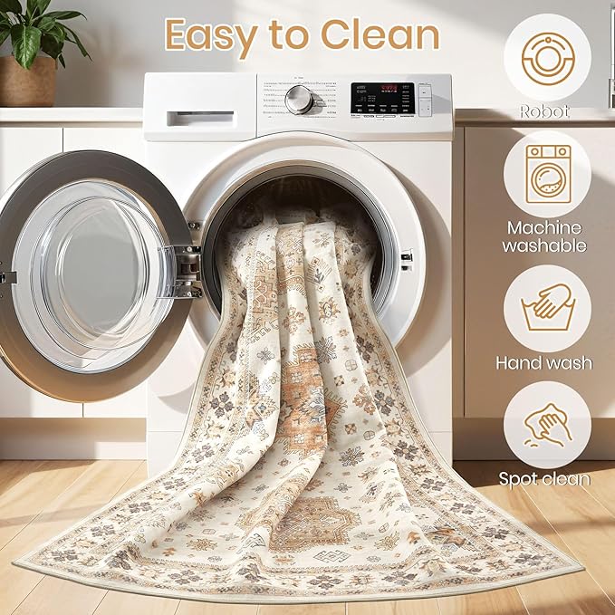 Washable Area Rugs for Living Room -9x12 Neutral Vintage Distressed Floral Farmhouse Boho Large Soft Floor Rug Indoor Non Slip Carpet for Living Room Bedroom Dining Room Office - Orange/Yellow/Beige