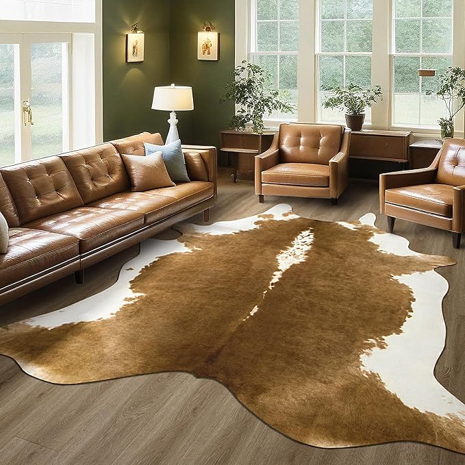 BENRON Premium Cowhide Rug, Faux Cow Hide Rugs for Living Room Bedroom Western Home Decor, Non Slip Cute Rug with Irregular Animal Skins and Hides, Khaki Brown, 5.2 x 6.2ft