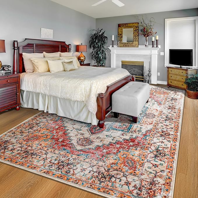 YJ.GWL Large Area Rug for Living Room, 5x7 Machine Washable Boho Rug for Bedroom, Low Pile Lightweight Thin Rugs Floral Vintage Distress Print Pattern Carpet for Dining Room, Orange
