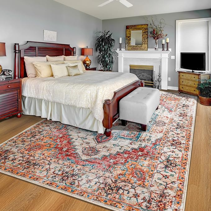 YJ.GWL Area Rug for Living Room, 3x5 Machine Washable Boho Rug for Bedroom, Low Pile Lightweight Thin Rugs Floral Vintage Distress Print Pattern Carpet for Dining Room Kitchen, Orange