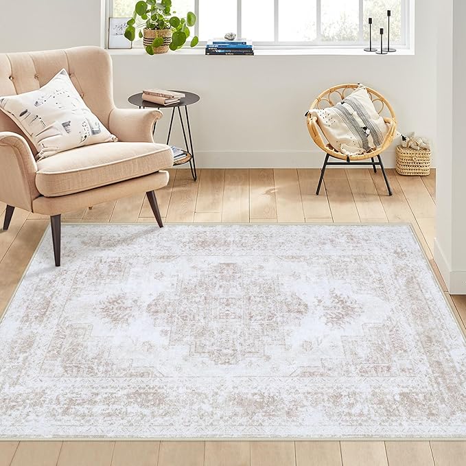 Bedroom Rug 3x5 Vintage Rug, Machine Washable Kitchen Rug Retro Medallion Distressed Rug Non-Slip Soft Low Pile Throw Rugs for Entryway Bedroom Bathroom Hallway Kitchen(Beige,3'x5')