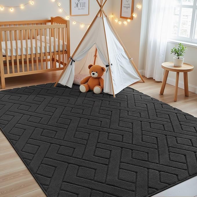 Ultra Soft Dark Grey Area Rug for Living Room, 6x9 Modern Geometric Shag Rugs with Nonslip Backing for Bedroom, Washable Fuzzy Carpet for Cozy Kids Room Nursery