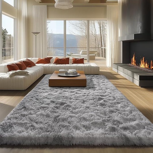 Zentavio Grey and White Area Rugs for Living Room Large Men Room Carpet 9x12 Bedroom Fluffy Furry Shag Aesthetic Plush High Pile Floor Rug for Kids Room Dorm Home Decor Tie-Dyed