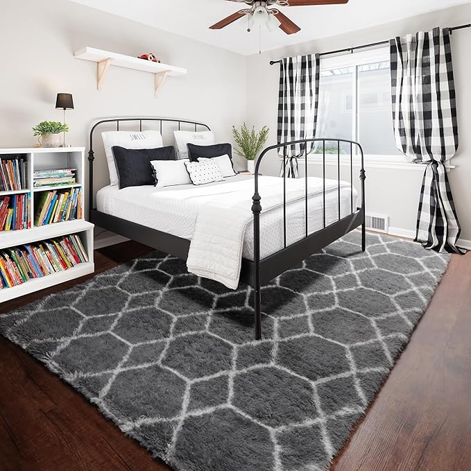 ONASAR Area Rugs for Bedroom Living Room, Washable 4x6 Fluffy Grey and White Floor Rug, Shaggy Geometric Soft Plush Fuzzy Carpet for Nursery Teen Playroom Dorm Office Home Decor Aesthetic