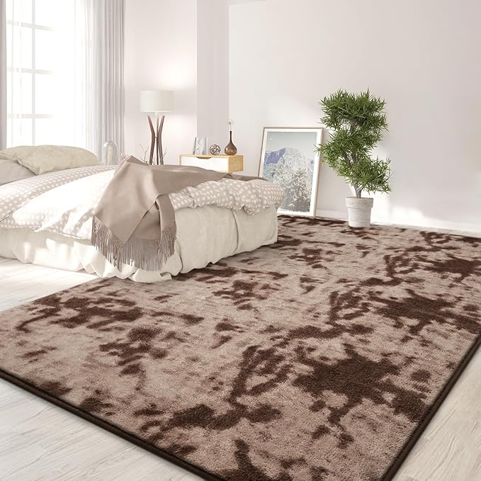 FlyDOIT Large Area Rugs for Living Room Bedroom, 4x6 Ft Tie-Dyed Brown Ultra Soft Comfy Thickened Memory-Foam Indoor Carpets, Cozy Modern Floor Rug for Boys Girls Playroom Dorm Nursery Home Décor