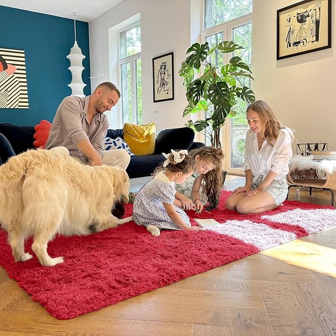 OLANLY Area Rugs for Living Room Bedroom, Machine Washable 4x5.9 Feet Soft Fluffy Shaggy Bedside Rug, Indoor Floor Carpet for Kids Girls and Boys, Dorms, Nursery Rooms, Home Decor Aesthetic, Red