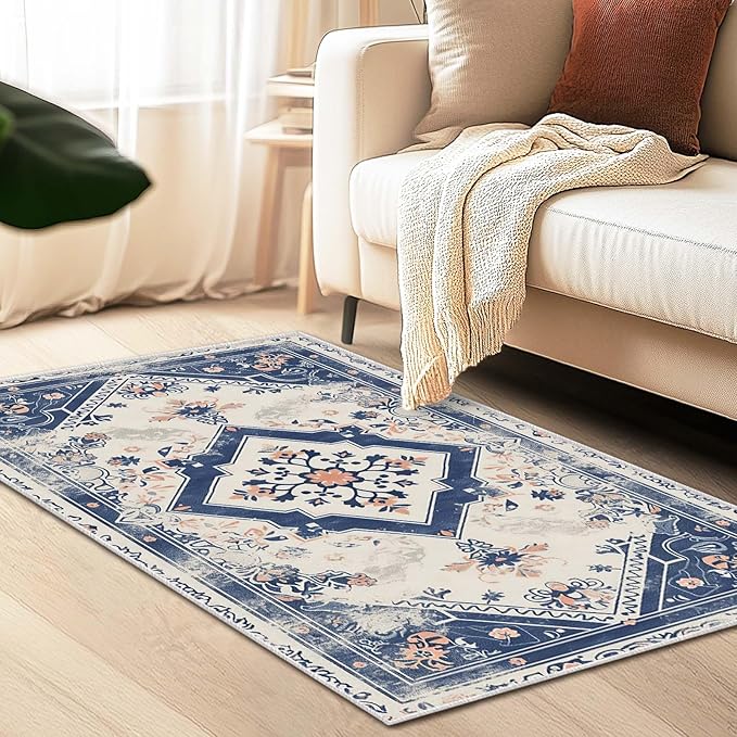 3x5 Entryway Rug Vintage Oriental Navy Blue Boho Beige Small Area Rug Bedroom Bedside Thin Carpet Bathroom Non Slip Indoor Entrance Low Pile Door Mat Kitchen Stain Resistant Washable Machine