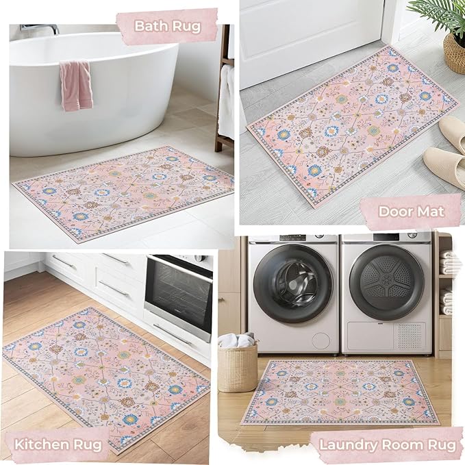 Syalife 2x3 Area Rugs, Non Slip Washable Small Rugs for Entryway, Kitchen, Bathroom, Kids Room, Low Pile Entry Throw Rug Indoor Front Door Mat (Pink Floral, 2'x3')