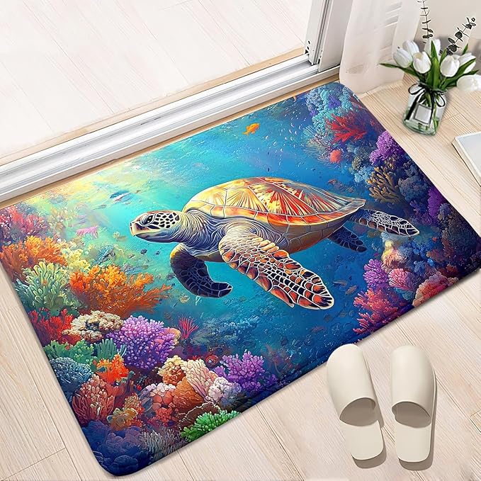 Sea Turtle Rug for Bedroom - Sea Turtle Ocean Animal Prints Carpet Rug for Kids Boys Room Underwater Ocean Theme Decor, 35" L x 23" W