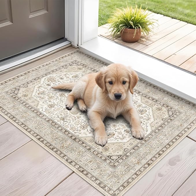 Washable Area Rug 2x3 - Entryway Living Room Large Indoor Rugs Soft Oriental Vintage Bedroom Rugs Non-Slip Backing Stain Resistant for Farmhouse Kitchen-2x3 Ivory