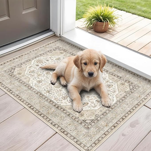 Washable Area Rug 2x3 - Entryway Living Room Large Indoor Rugs Soft Oriental Vintage Bedroom Rugs Non-Slip Backing Stain Resistant for Farmhouse Kitchen-2x3 Ivory