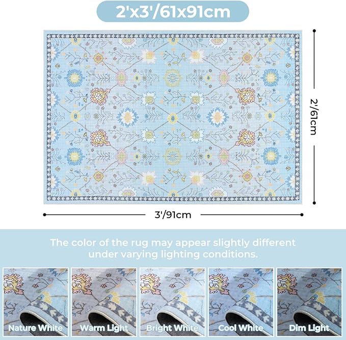 Syalife 2x3 Area Rugs, Non Slip Washable Small Rugs for Entryway, Kitchen, Bathroom, Kids Room, Low Pile Entry Throw Rug Indoor Front Door Mat (Blue Floral, 2'x3')