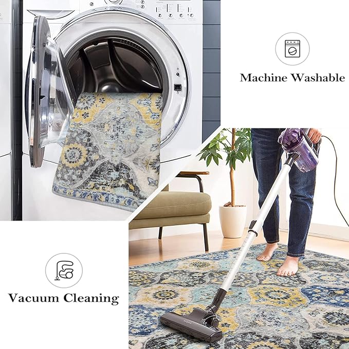 Lahome Moroccan Washable Hallway Runner Rug, 2'5''x8' Ultra-Thin Carpet Runners for Hallways Kitchen, Oriental Vintage Non-Slip Laundry Room Rug for Entryway Bedroom Bathroom, Yellow/Aqua