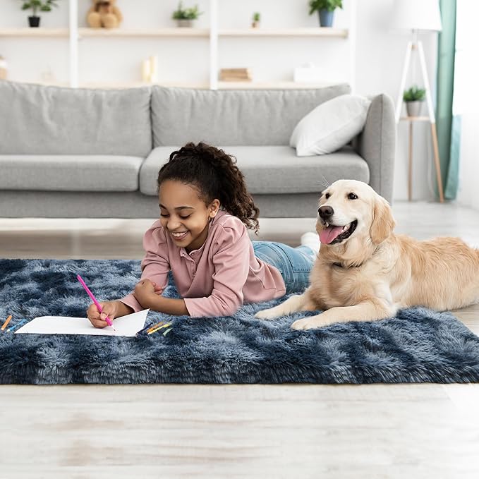 Tepook Fluffy Runner Rugs for Bedroom Aesthetic 2x6 Feet, Shag Soft Bedside Rug with Non-Slip Bottom, Fuzzy Plush Carpet for Room, Hallway Rug for Nursery Dorm Indoor Home Decor, Tie-dye Dark Blue