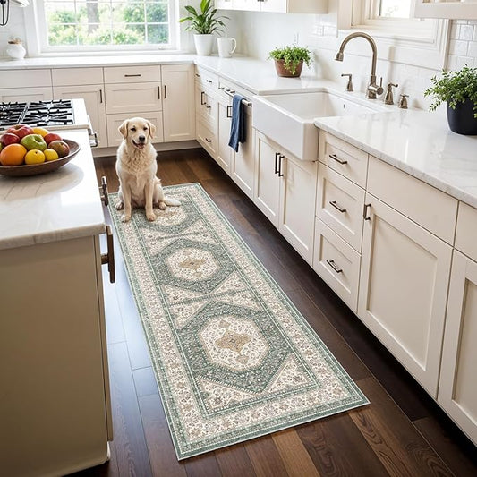 2x6 Runner Rug for Hallway Washable: Non Slip Kitchen Rugs with Rubber Backing Soft Waterproof Mats Stain Resistant Indoor Vintage Carpet Runner for Bedroom Bathroom Laundry Entryway Green/Beige