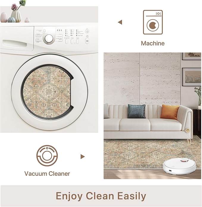 Bavni 10x14 Area Rugs for Living Room, Machine Washable Rug Non Slip, Vintage Chenille Distressed Print Carpet, Large Low Pile Ultra-Thin Lightweight Rugs for Bedroom, Dining Room, Office, Wood Brown