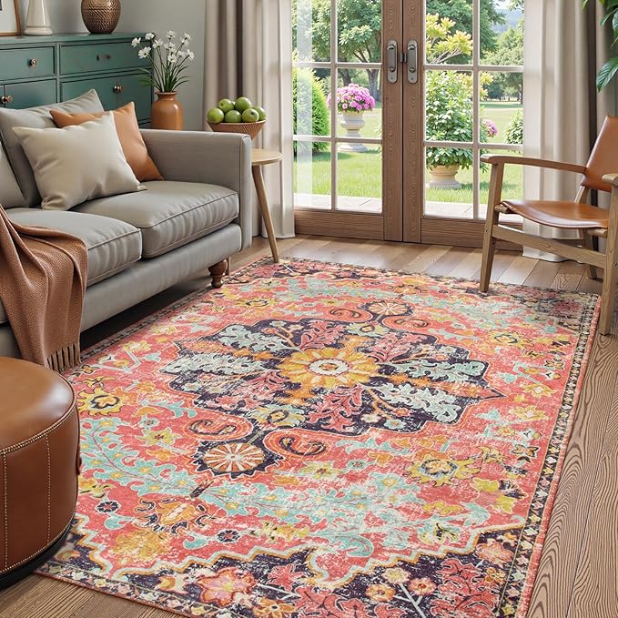 Lahome Bohemian Floral Medallion Area Rug - 4x6 Hot Pink Entryway Rug Soft Laundry Room Mat, Non-Slip Machine Washable Nursery Accent Carpet for Dorm Department Kitchen Office, Fuchsia/Multi