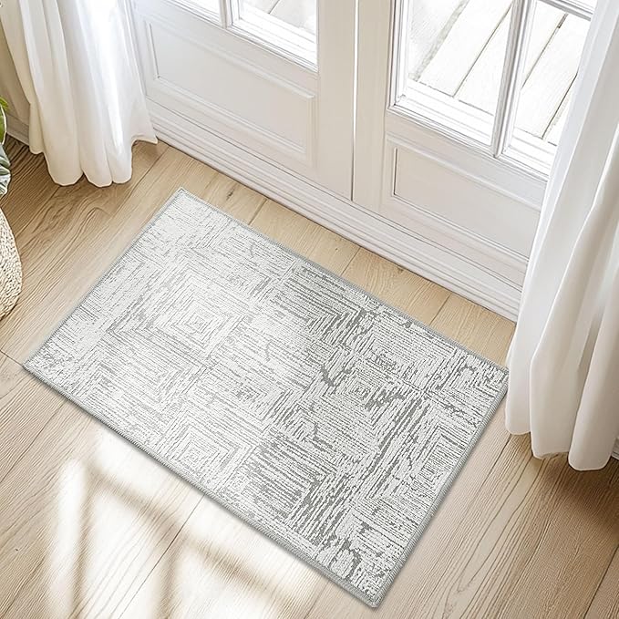 RYB HOME Machine Washable 2x3 Jacquard Door Rug, Non Slip 3D Textured Abstract Jacquard Carpet for Entry Door, None Shedding Area Rug for Kitchen Bathroom Hallway, Grey