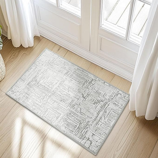 RYB HOME Machine Washable 2x3 Jacquard Door Rug, Non Slip 3D Textured Abstract Jacquard Carpet for Entry Door, None Shedding Area Rug for Kitchen Bathroom Hallway, Grey