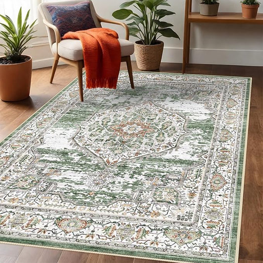 YOUFORTONG Washable Rug 3x5 Area Rugs: Soft Ultra Thin Low Pile Mat Machine Washable Indoor Doormat Lightweight Entry Rug Anti Slip Backing Rugs for Living Room Bedroom Kitchen 3'x5' Green
