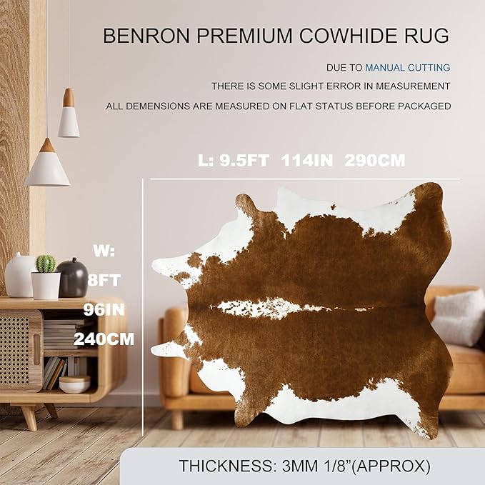 BENRON Premium Cowhide Rug Large, Faux Cow Hide Rugs for Living Room Bedroom Western Home Decor, Non Slip Cute Rug with Irregular Animal Skins and Hides, Khaki Brown, 7.8 x 9.5ft