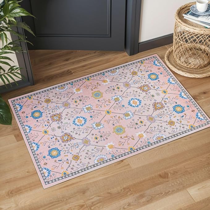 Syalife 2x3 Area Rugs, Non Slip Washable Small Rugs for Entryway, Kitchen, Bathroom, Kids Room, Low Pile Entry Throw Rug Indoor Front Door Mat (Pink Floral, 2'x3')