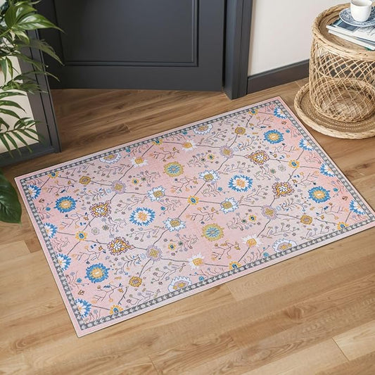 Syalife 2x3 Area Rugs, Non Slip Washable Small Rugs for Entryway, Kitchen, Bathroom, Kids Room, Low Pile Entry Throw Rug Indoor Front Door Mat (Pink Floral, 2'x3')
