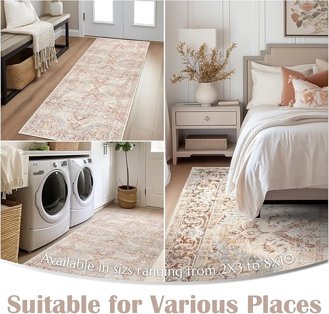 jinchan Runner Rug 2x10 Washable Kitchen Runner Rug Non Slip Brick Red Vintage Hallways Ultra-Thin Floral Print Floor Cover Accent Throw Carpet for Laundry Room Bedroom Living Room