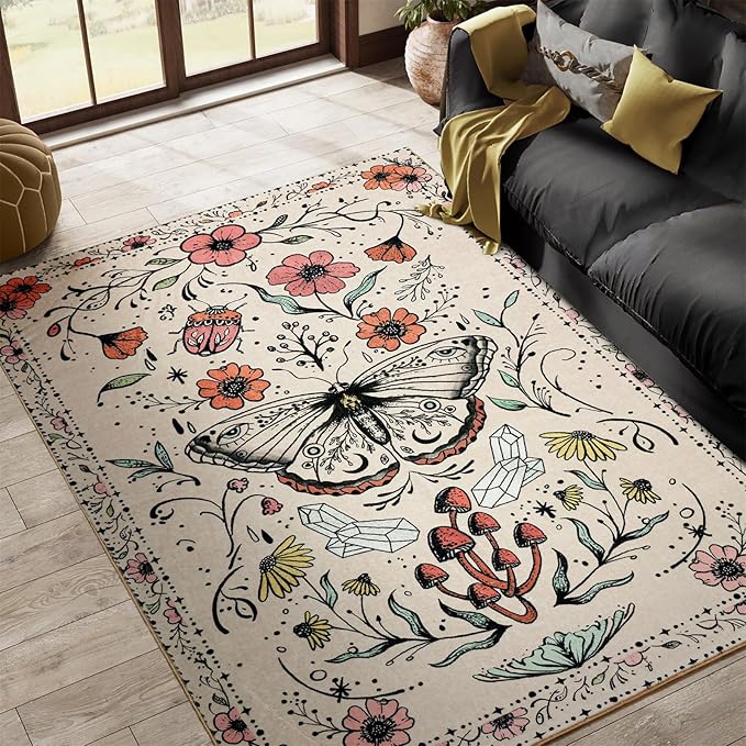 Vintage Floral Rugs, Ultra Thin Light Weight 5x7 Area Rugs Washable, Cute Retro Boho Botanical Area Rug for Bedroom Kitchen Dining Living Room Entryway Hippie Witchcraft Accent Indoor Floor Carpet