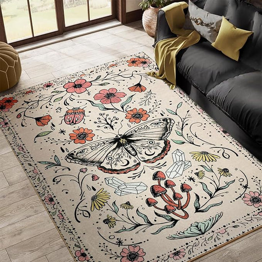 Vintage Floral Rugs, Ultra Thin Light Weight 5x7 Area Rugs Washable, Cute Retro Boho Botanical Area Rug for Bedroom Kitchen Dining Living Room Entryway Hippie Witchcraft Accent Indoor Floor Carpet