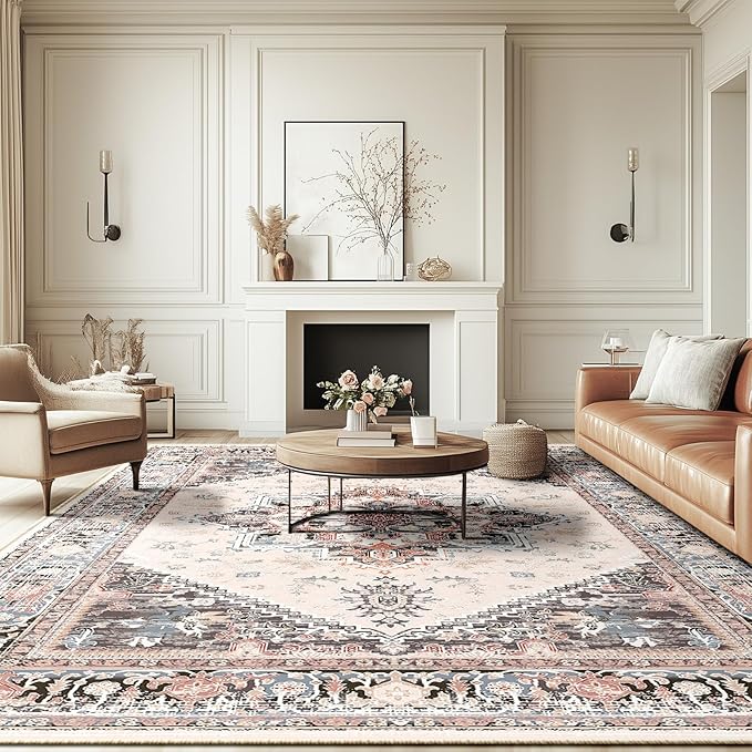 BESTSWEETIE 6x9 Area Rugs for Living Room Washable Non Slip Carpet Low Pile Soft Vintage Print Pattern Rug for Bedroom Dining Room Kitchen Entryway Indoor-Khaki/Beige/Purple/Black/Brick