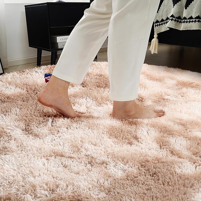 Tie-dye Beige Fluffy Round Rug,Soft Area Rugs for Girls Room,Shaggy Rugs 4'X4' for Living Room,Non Slip Circle Rug for Kids Bedroom,Shag Plush Nursery Carpets,Fuzzy Rug for Dorm,Room Decor Carpet