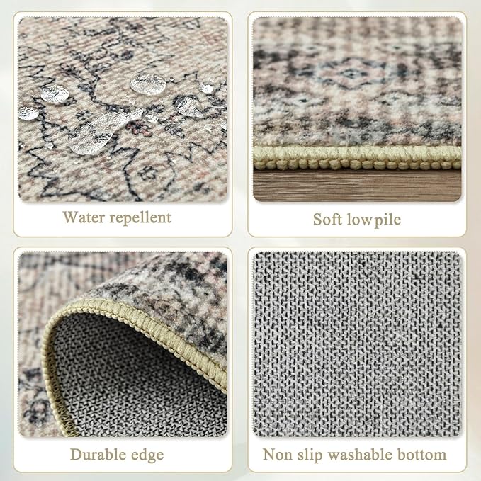 4x6 Area Rug for Bedroom Machine Washable, Non Slip Vintage Floral Kitchen Rugs for Dining Room, Rustic Indoor Floor Carpet for Nursery, Farmhouse, Office Classroom Beige/Pink/Orange