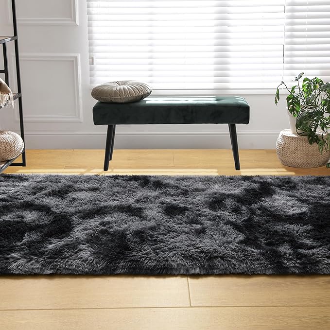 Tepook Fluffy Runner Rugs for Bedroom Aesthetic 2x6 Feet, Shag Soft Bedside Rug with Non-Slip Bottom, Fuzzy Plush Carpet for Room, Hallway Rug for Nursery Dorm Indoor Home Decor, Tie-dye Dark Grey