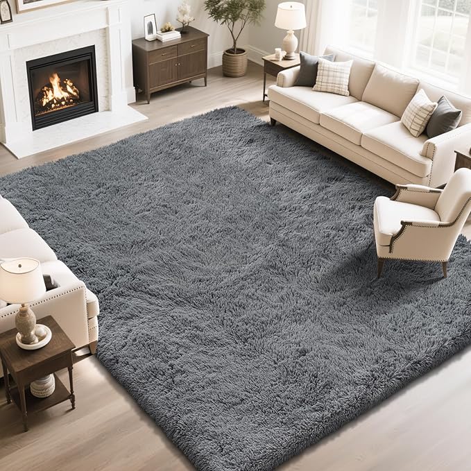 Fluffy Rug Shaggy Area Rug, Dark Gray 10x14 Area Rugs for Bedroom, Super Soft Shaggy Rugs for Living Room Bedroom Kids Room Home Decor, Upgrade Anti-Skid Rectangular Fuzzy Rug