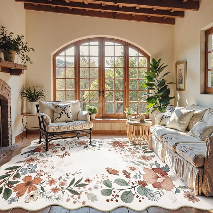 Beeiva Boho Area Rugs 8x10, Washable Floral Rug for Living Room, Ultra Thin Large Carpet for Playroom, Dining Room, Bedroom or Nursery - Beige