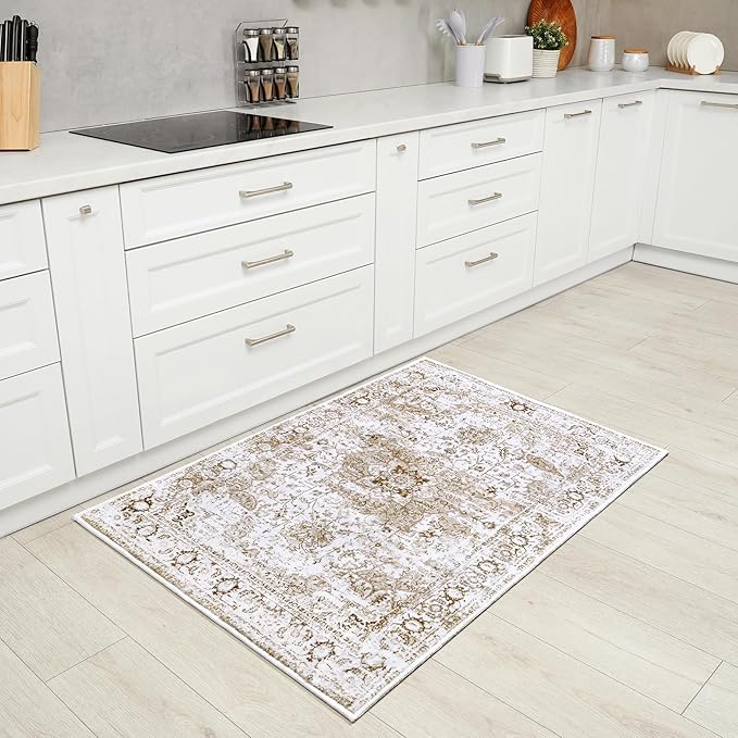 Keeko Small Rugs for Entryway, 2x3 Living Room Area Rug Vintage Door Mat Accent Bedroom Bedside Rug Indoor Low Pile Retro Non Slip Front Door Print Throw Rugs for Kitchen Laundry Room Decor Beige