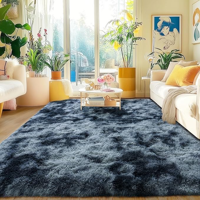 Large Area Rugs for Bedroom, 5x7 Feet Tie-Dyed Blue Grey Shaggy Fluffy Throw Carpets, Ultra Soft Plush Modern Indoor Fuzzy Rugs for Living Room Kids Room Nursery Dorm Home Decor