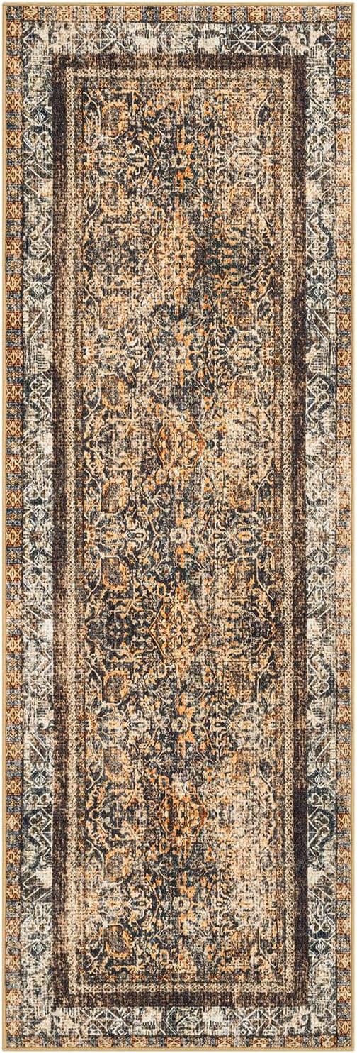 Phantoscope Hallway Runner Rug 2'x8' - Boho Washable Non-Slip Kitchen Rug Runner, Ultra-Thin Vintage Distressed Accent Throw Rug for Entryway Laundry Bathroom Bedroom, Dark Brown/Orange Spice