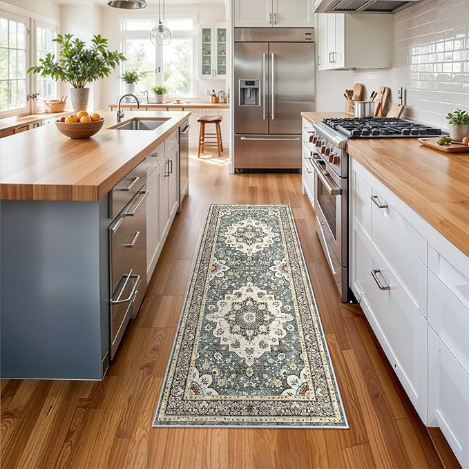 Washable Oriental Hallway Runner Rug - 2x6 Rugs for Living Room Soft Carpet for Bedroom Kitchen Waterproof Floral Distressed Indoor Stain Resistant Non-Shedding Floor Carpets (Blue, 2X6)