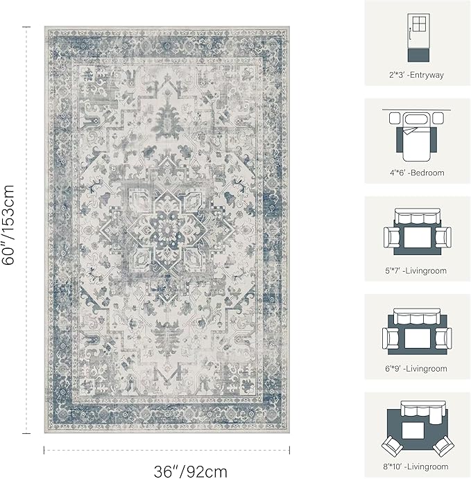 3x5 Washable Entryway Rug, Non Slip Boho Runner Rugs for Hallway, Entrance, Kitchen, Bathroom, Laundry Room, Soft Entryway Carpet, Throw Low Pile Retro Imitation Wool Carpet, Light Blue Grey
