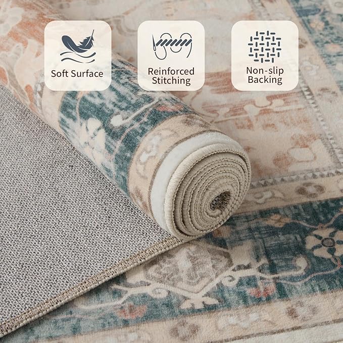 2x5 Hallway Runner Rug, Non Slip Boho Runner Rugs Kitchen, Entrance, Bathroom, Laundry Room, Soft Low Pile Carpet, Throw Retro Imitation Wool Carpet, Coral(Blue&Orange)