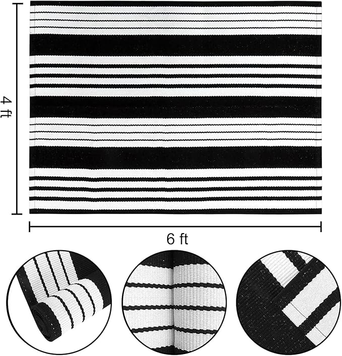 BUAGETUP Black and White Striped Outdoor Patio Rug 4' x 6',Hand Woven Cotton Patio Rug Front Porch Rug Indoor Outdoor Area Rug for Bedroom/Living/Room/Patio