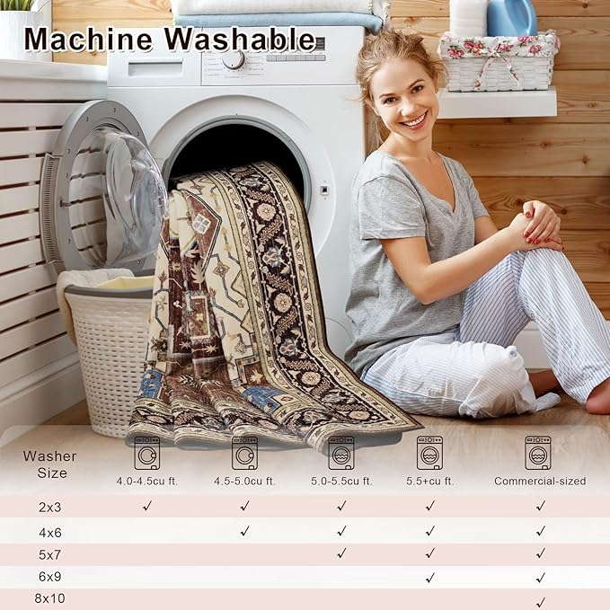 4x6 Mousse Brown Area Rug for Living Room, Machine Washable Rugs with Non-Slip Backing for Bedroom, Vintage Medallion Carpet Kitchen Laundry Kids Room Decor