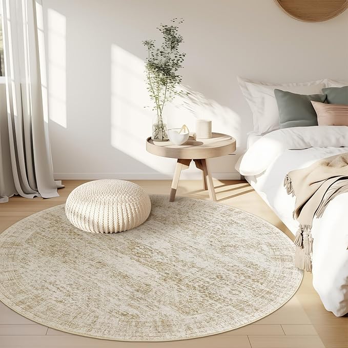 4x4 Beige Round Rug 4ft Entryway Rug Vintage Round Area Rug Non-Slip Indoor Carpet for Living Room Dining Room Bedroom
